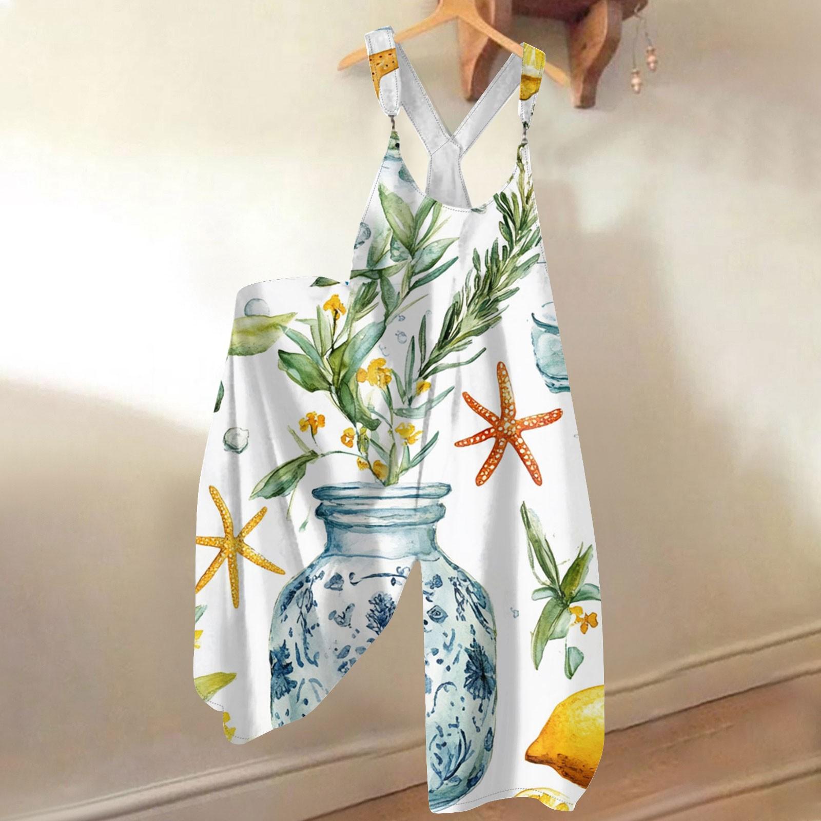 

Women s Summer Overalls Floral Print Vintage Jumpsuit (Non-Adjustable Straps) L