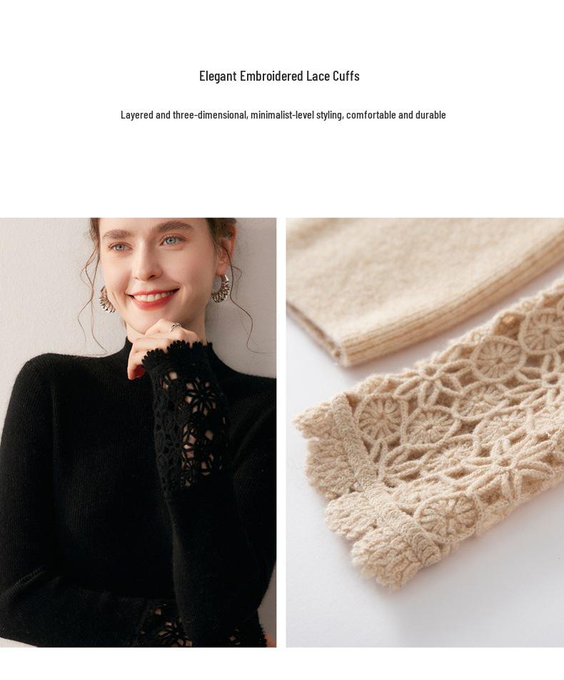 Women's Hand-Crocheted Cashmere Sweater - Slim Fit, Half-High Collar, Long Sleeve, Solid Color, Autumn/Winter Collection