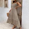 Autumn Winter Women High Waist Sleeveless Dress Lace Up Print Color Pleated Temperament