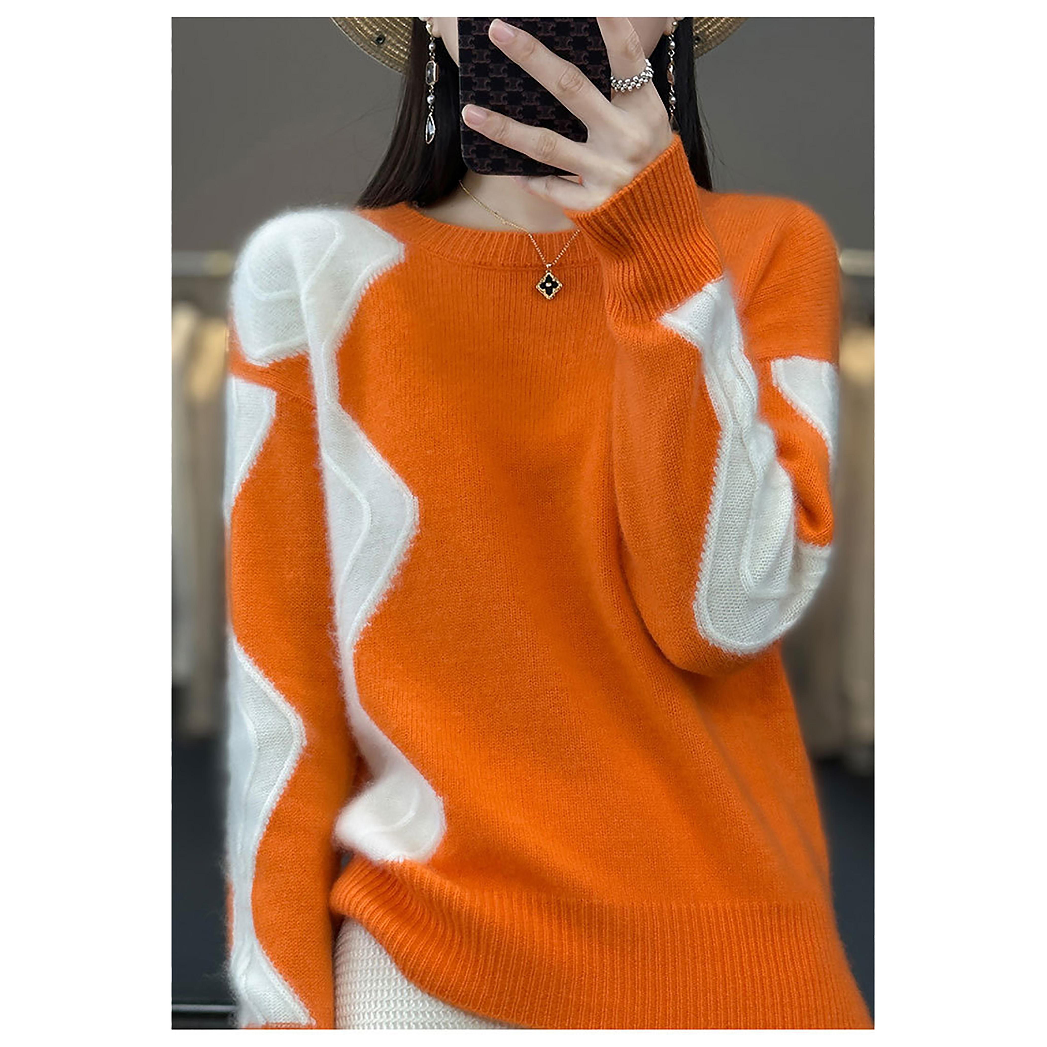 

Цветной вязаный клетчатый топ для женщин, пуловер с круглым вырезом в стиле ретро, ​​свитер с длинными рукавами One Size оранжевый