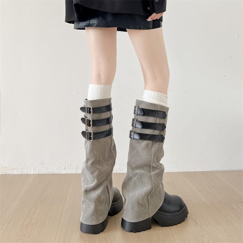 Fashion Fashion Belt Buckle Canvas Patchwork Knee High Boots Women 2025 Autumn Punk Chunky Platform High Heel Knight Long Bota Femininas