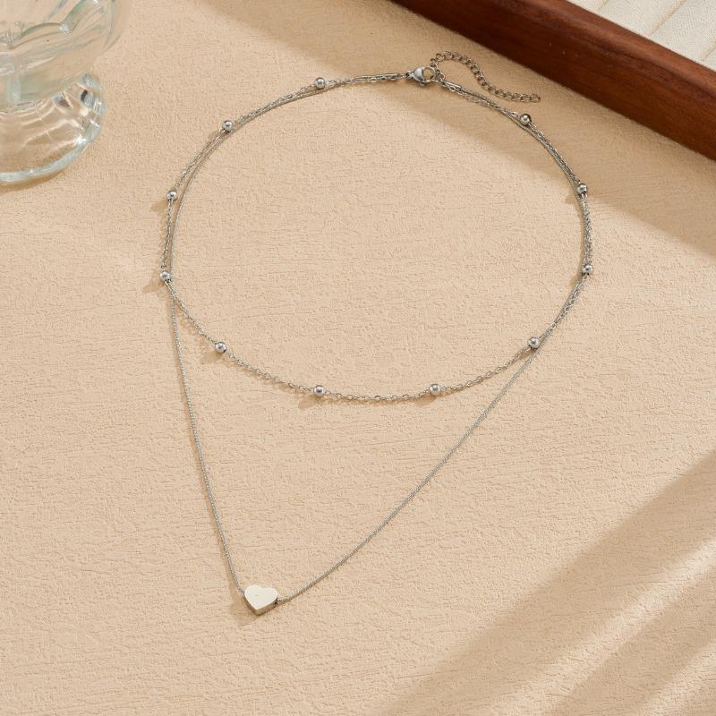 Gold Plated Layered Heart Pendant Beaded Chain Necklace