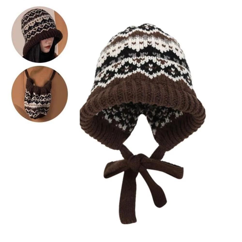 Retro Striped Knitted Woolen Hat Thickened Windproof Beanie Cap Ethnic Style Cold-proof Strap Ear Protection Hat for Women