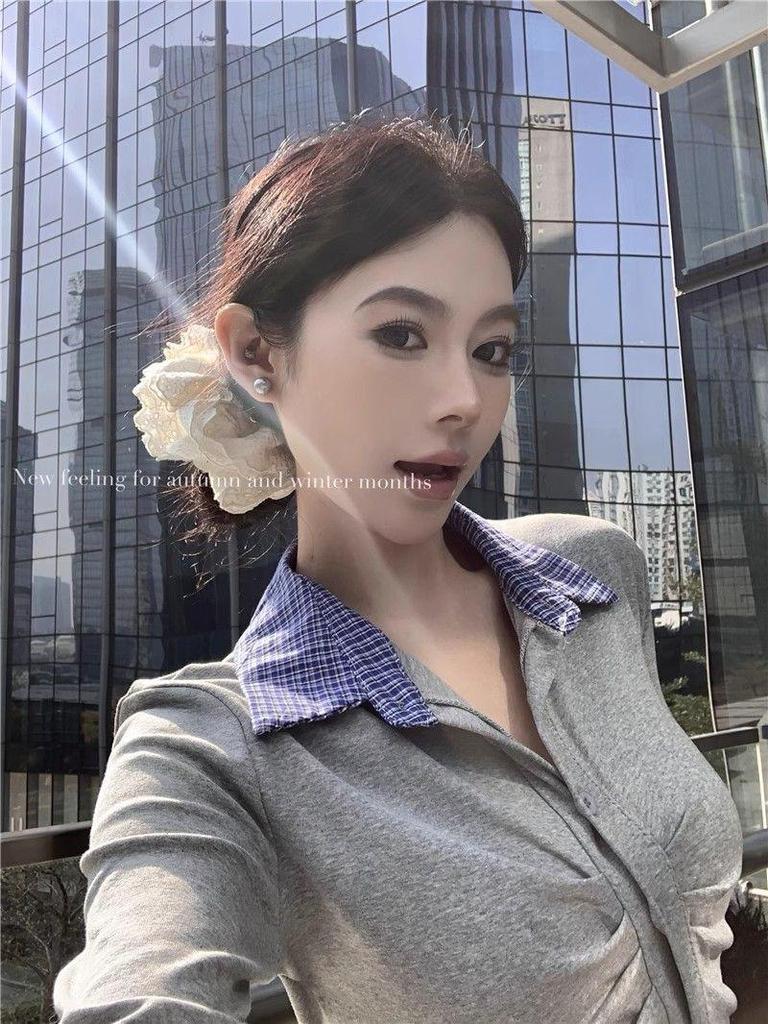Chic Pleated Patchwork Long Sleeve T-Shirt - Slim Fit Autumn Fashion for Women