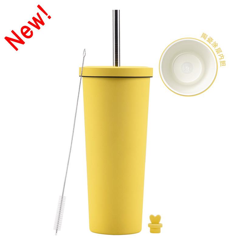 2025 Ceramic Liner Milk Tea Cup Large Capacity 830Ml Thermos Cup Stainless Steel Straw Cup