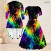 Women Plus Size Two Piece Set Square Neck Short Sleeve Tie Waist Flared Dress 3 4 Sleeve Colorful Printed Cardigan