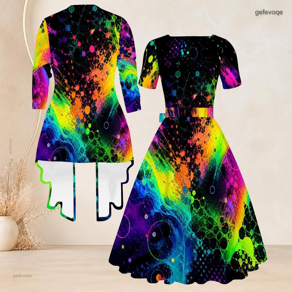 Women Plus Size Two Piece Set Square Neck Short Sleeve Tie Waist Flared Dress 3 4 Sleeve Colorful Printed Cardigan