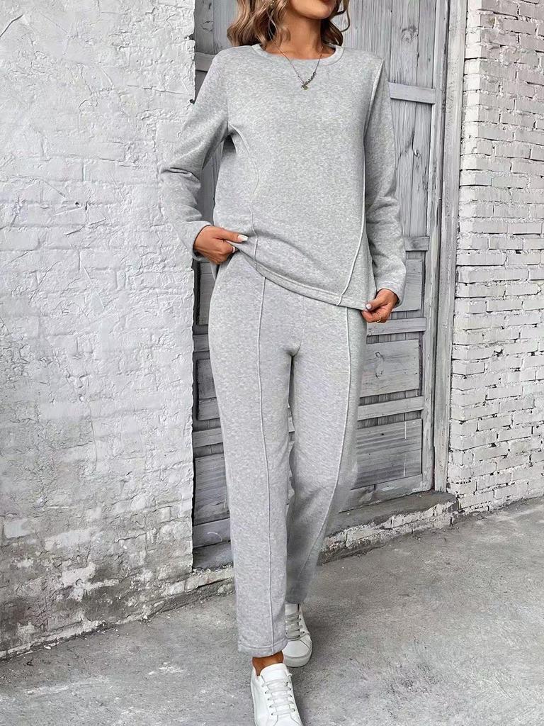 Completo da Donna Moda a Manica Corta con Scollo Rotondo e Taschino, Pantaloni a Gamba Dritta