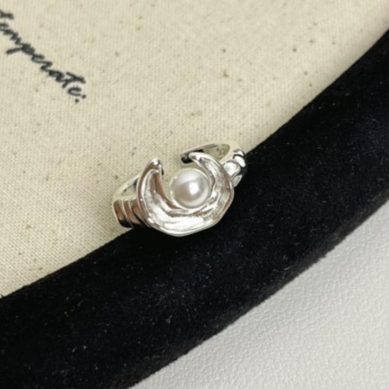PANJBJ 925 Sterling Silver Pearl Moon Ring for Women Frosting Texture Irregular Trend Adjustable Jewelry Party Gift Dropshipping