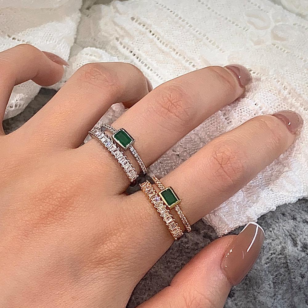 Peacock Green Double Layer Diamond Open Ring for Women in Gold-Plated Copper