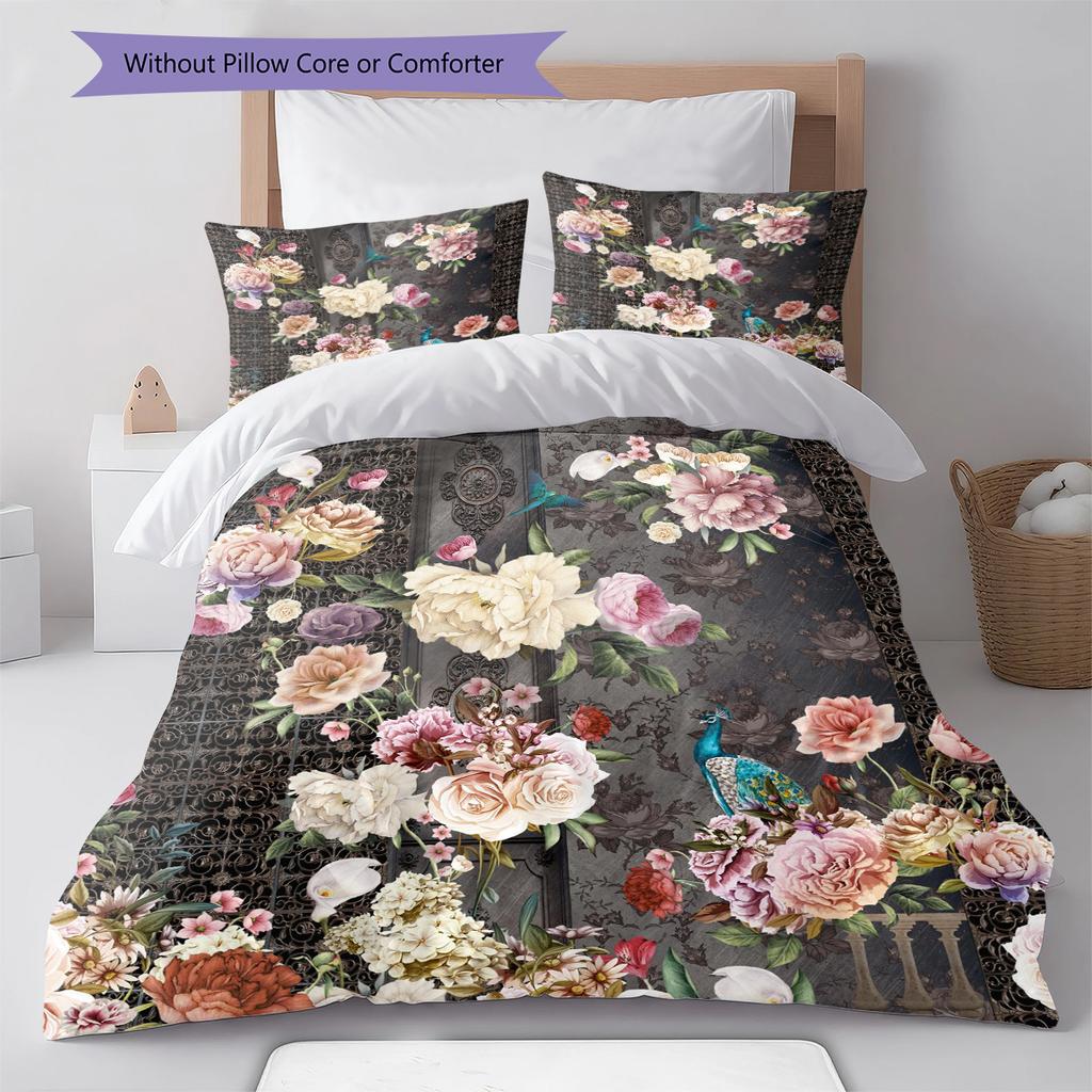 Vintage Floral Bird Pattern Bedding Quilt Set Quilt Cover Pillowcase Home Decoration Gift (1 * duvet cover + 2 * pillowcase, without core)
