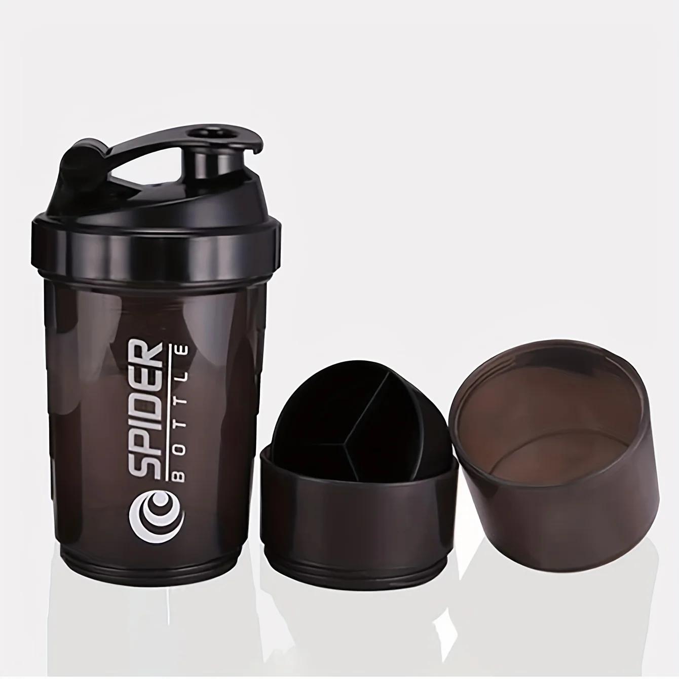 

3-слойный шейкер, бутылка для протеина, чашка для коктейля с порошком, бутылка для воды, пластиковая чашка для смешивания, бутылка для упражнений для бодибилдинга чёрный