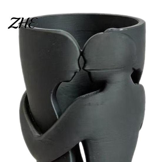 Creative Artistic Hollow Vase Couple Embracing Abstract Vase, Matte Black Decorative Sculpture, Modern Style Flower Vessel for Bedroom Living