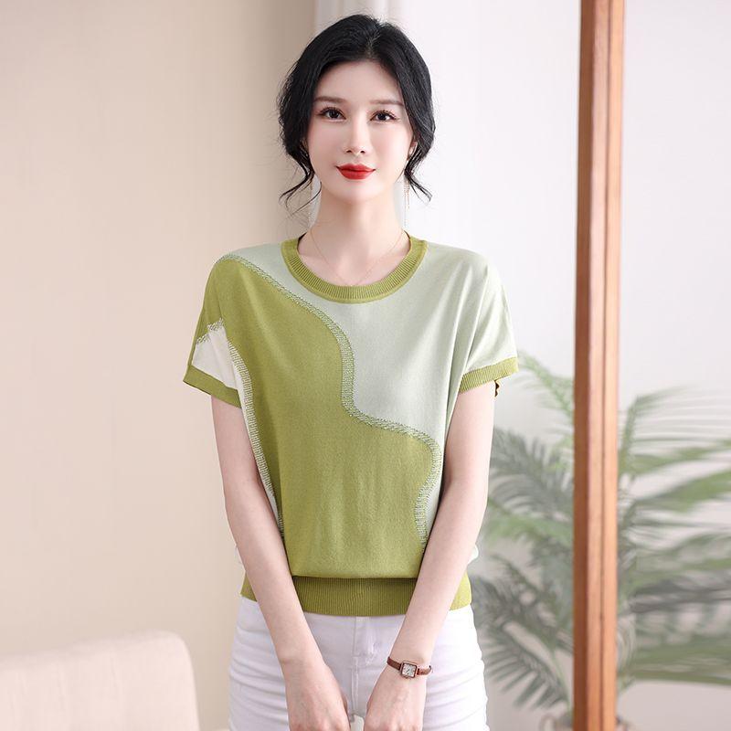 Summer Women's Ice Silk Knitted T-shirt Thin Middle-aged and Elderly Women's Knitted Top