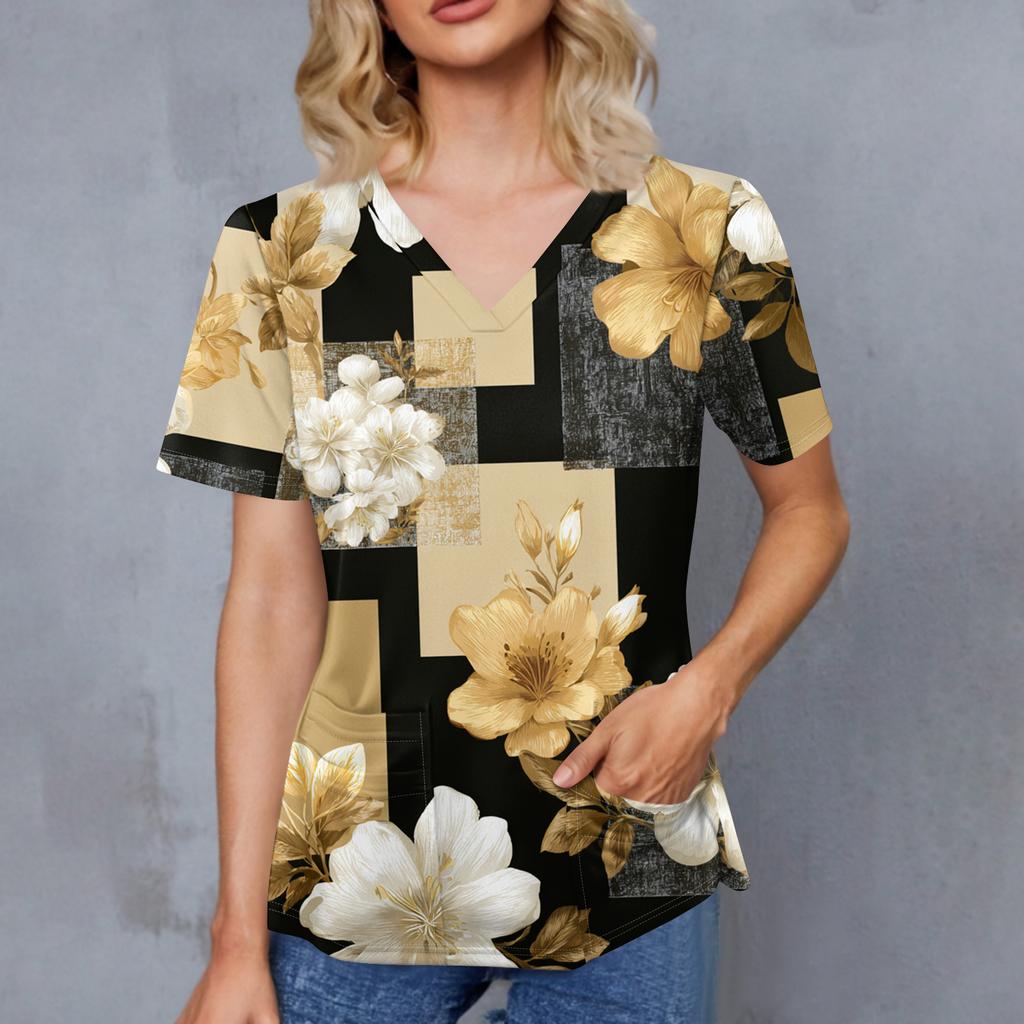 Women's Retro Printed V-Neck Double Pocket Short Sleeves Hem Slit Uniform Caregiver Top
