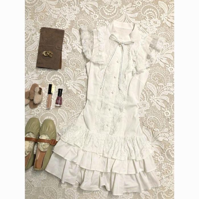 

Lace splicing bow sleeveless dress women s summer new waist thin cake short skirt S белый