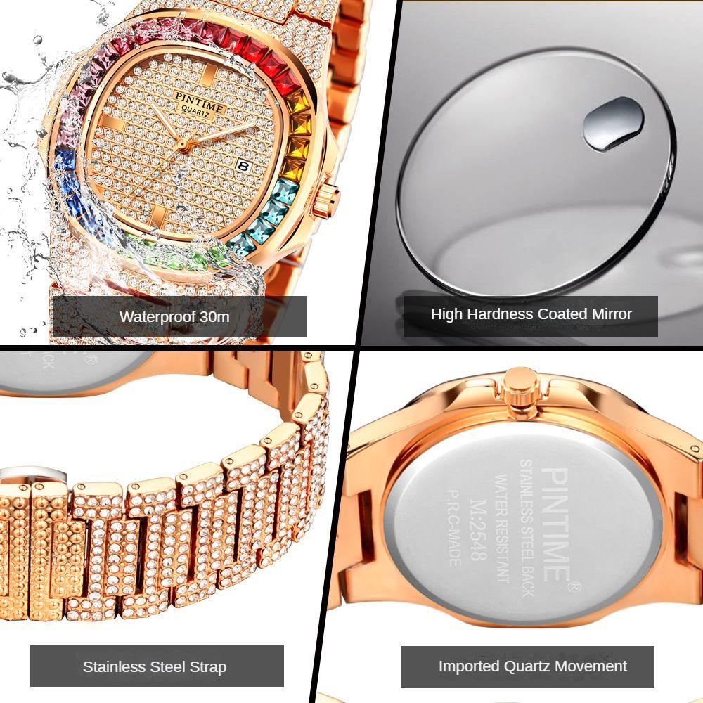 Men Colorful Diamond Quartz Watches Luxury Gold Silver Big Dial Male Wristwatch Sport Business Clock Relogio Masculino