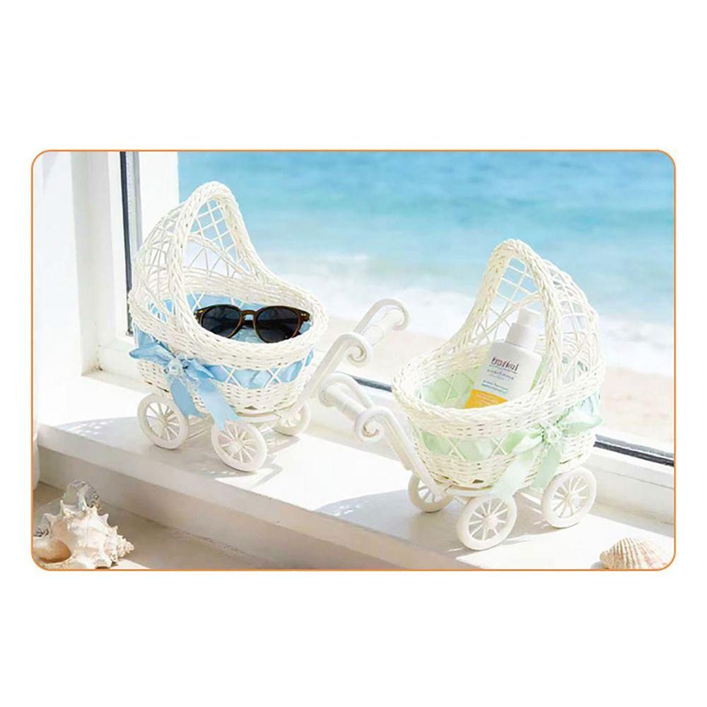 Multicolor Trolley Cart Storage Basket Plastic Weave Pattern Organization Basket Bowknot Oval Shape Desktop Ornament