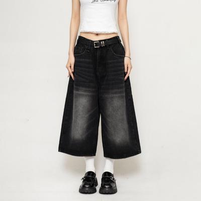 Pantaloncini in denim lavato retrò nero a vita alta vintage Harajuku da donna, alla moda casual, larghi, Y2K, da strada, di media lunghezza e corti