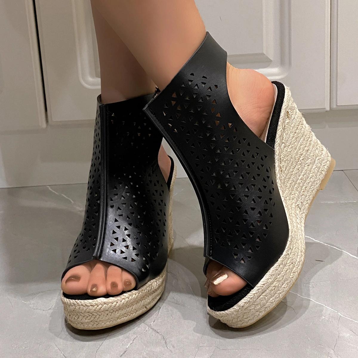 

Модная женская обувь 2024 года, брендовые женские сандалии больших размеров, модные повседневные сандалии с открытым носком, женские босоножки на танкетке Zapatos 42 чёрный