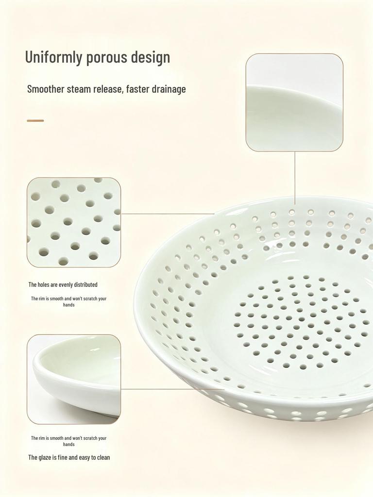 Plato Vaporizador de Cerámica de Grado Alimenticio para Empanadillas, Bollos, Mantou, Mariscos – Rejilla/Cesta Redonda Porosa