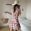 French vacation style red vacation style white retro floral dress waist thin beautiful small flying sleeve short skirt