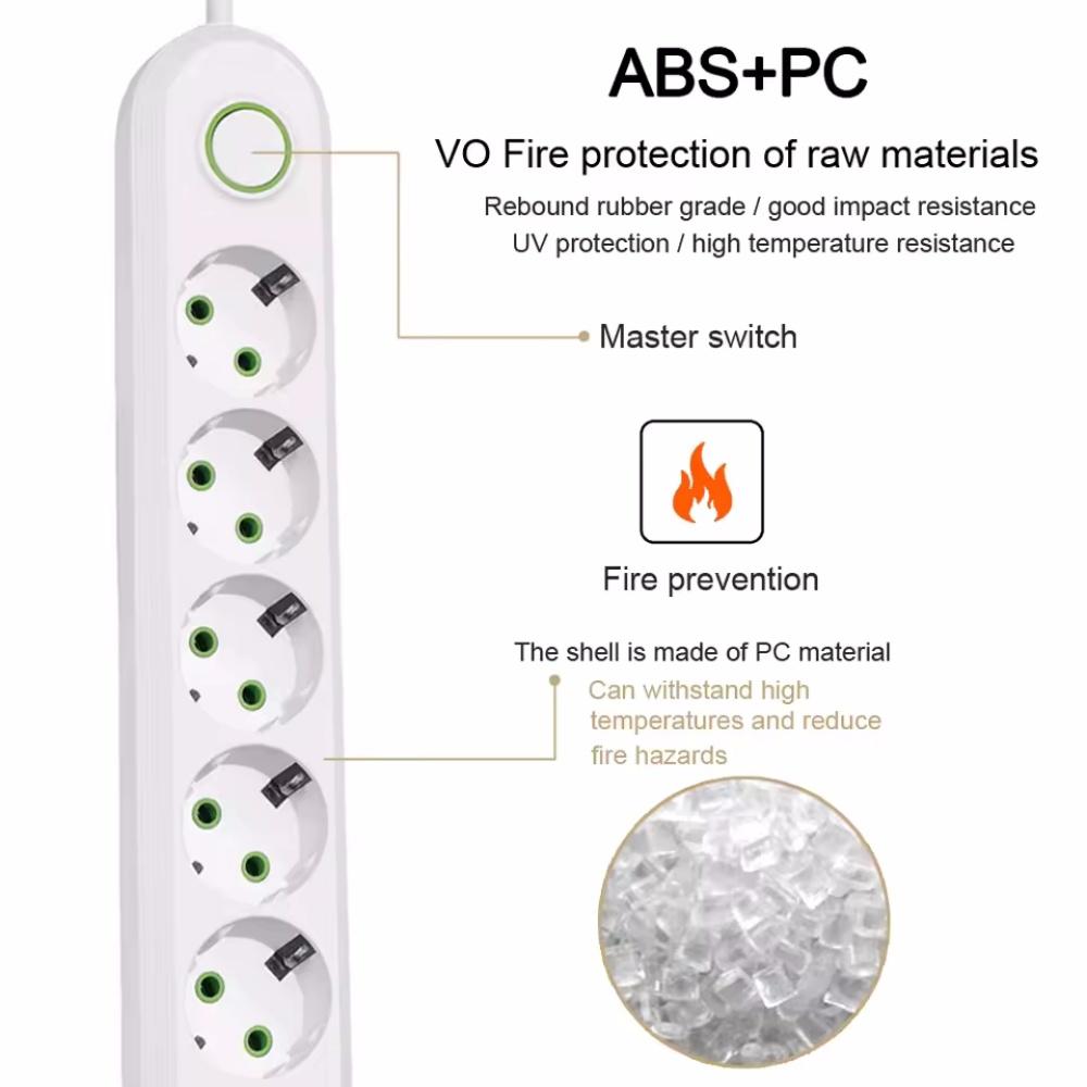 1111W Power Strip with 1USB Ports EU Plug Socket 1m Extension Cable Fast Charging Round Pin AC Outlet Electrical Charger Adapter
