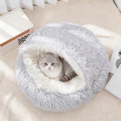 Pet Shell Nest Bed Warm Calming Cat Cave Bed with Hooded Cover Semi Enclosed Fluffy Plush Lined Round Bed for Small Medium Pets
