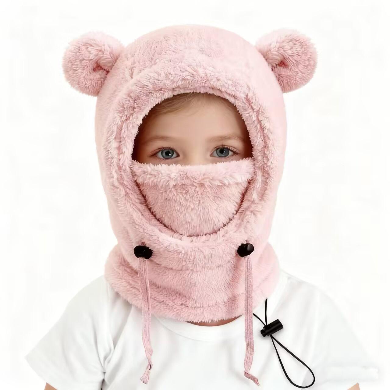 Bear Ears Hood Men s and Women s Autumn Winter Polyester Fiber Neck Scarf and Mask Integrated Hat Children s Warm Cold Hats розовый