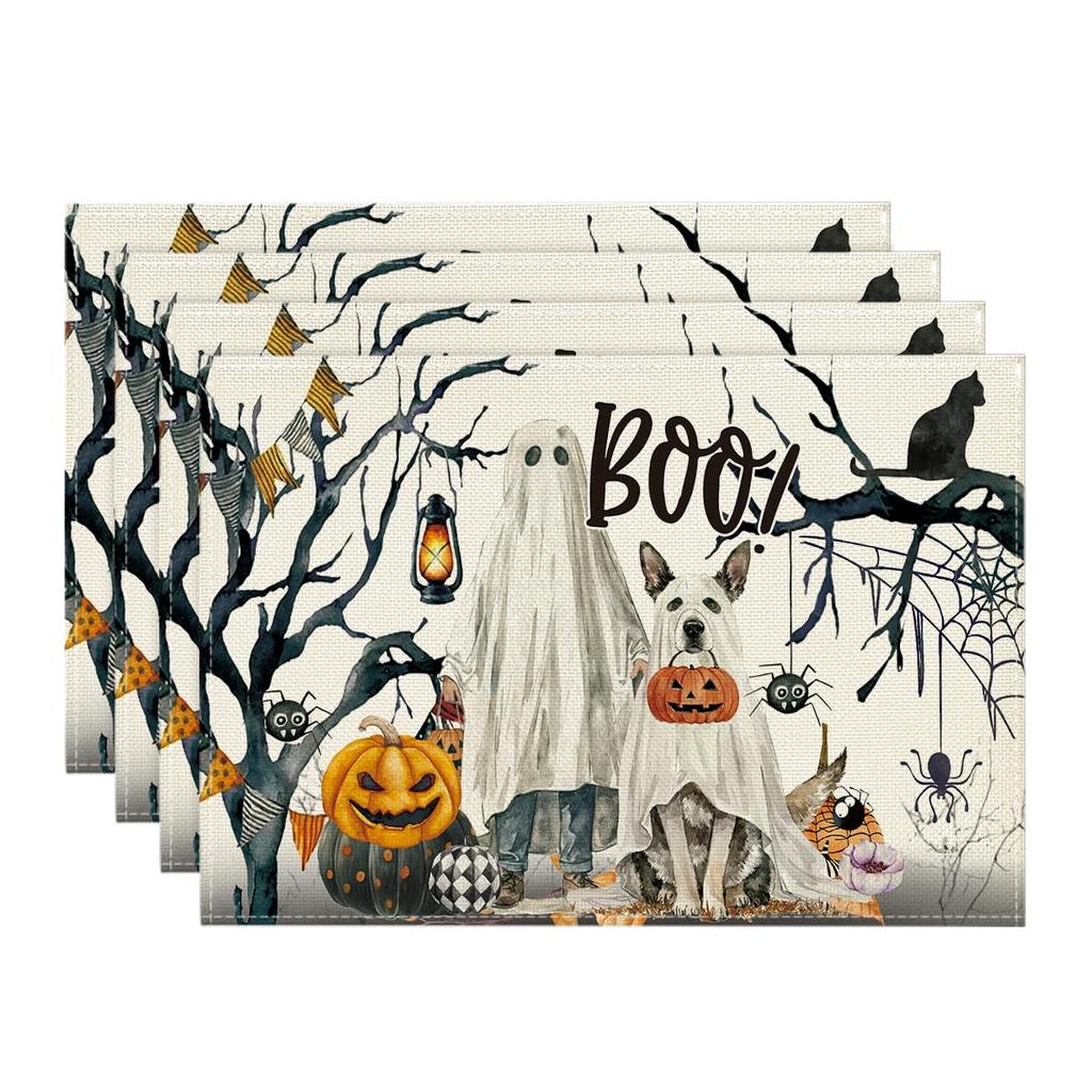 Ghost Pumpkins Tree Dog Boo Halloween Placemats Set of 6, 12x18 Inch Seasonal Fall Holiday Table Mats for Party Kitchen Dining Decoration