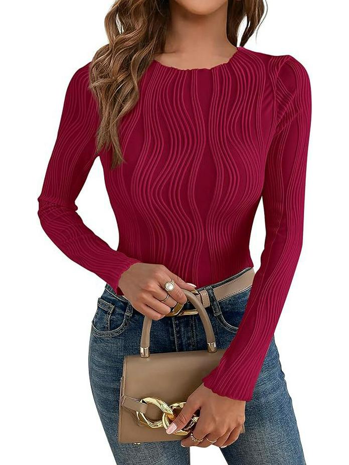 

2026 European & American Women s Slim Fit Textured Long Sleeve Round Neck T-shirt S вино красного