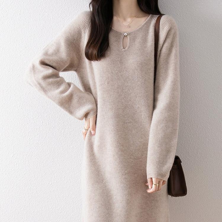 Knitted Straight Dress for Women Long-sleeved Casual Long Sweater Dress Solid Color Round Neck Pullover for Autumn and Winter