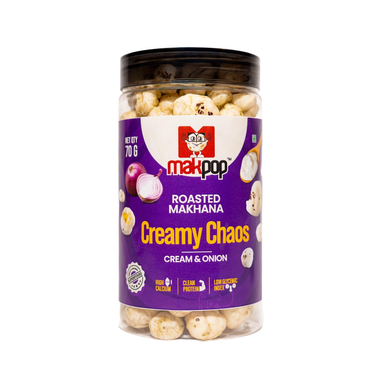

MAKPOP Creamy Chaos Roasted Makhana | Cream & Onion Flavoured Foxnut Snack | Light & Crunchy | Roasted, Not Fried | 70 g Jar