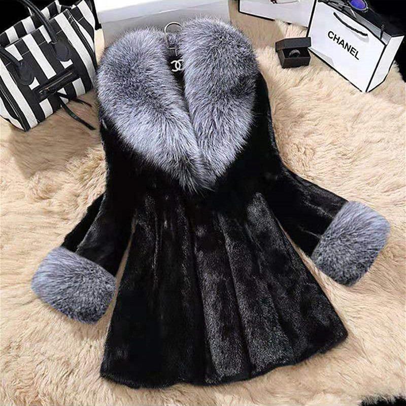 Autumn and Winter New Product Imitation Fur Coat Women's Medium and Long Thin Coat Imitation Fox Fur Collar Imitation Mink Velvet Thickened