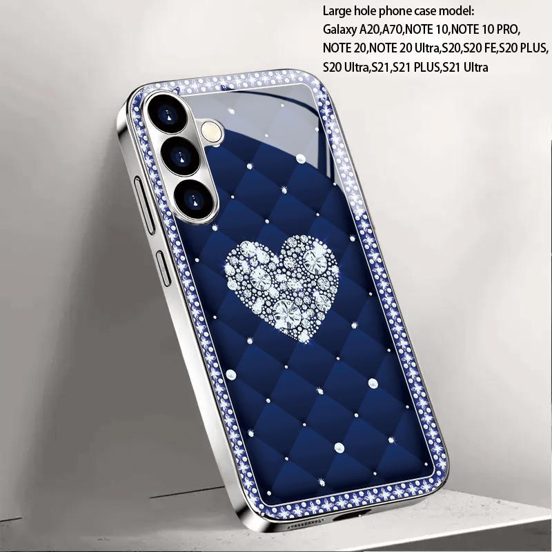 Diamond heart-shaped patterned glass phone case suitable for Samsung Galaxy S26 S25 S24 S23 S22 S20 FE Ultra Plus anti drop