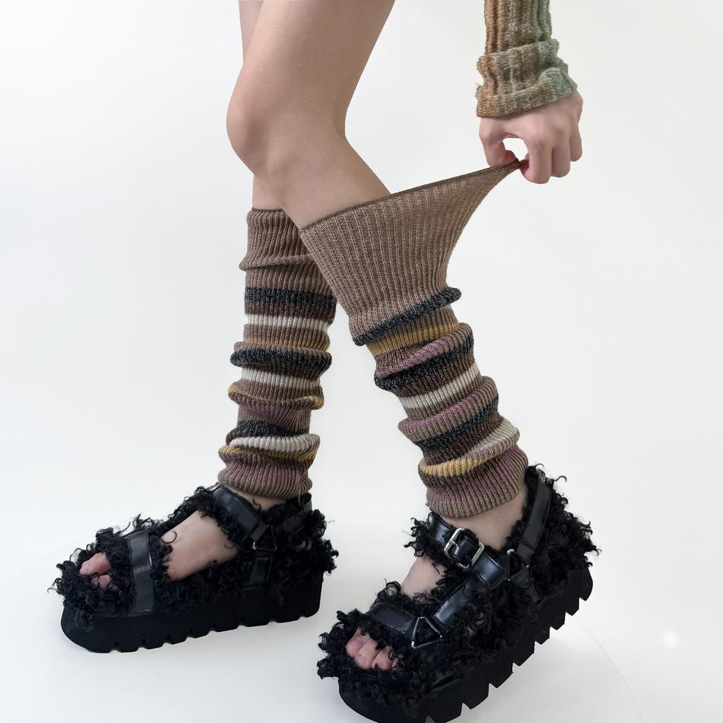 Autumn/Winter Retro Leg Warmers JK Striped Knitted Blocked Leg Cover College Style Wool Warm Foot Cover Stacking Color Socks New