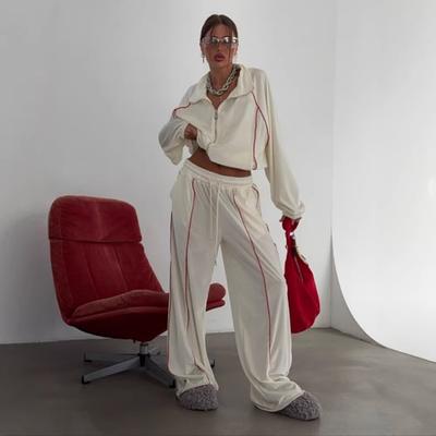2026 New Women's Suit Velvet Color Matching Line Pocket Long-sleeved Cardigan Jacket Trousers Two-piece Set