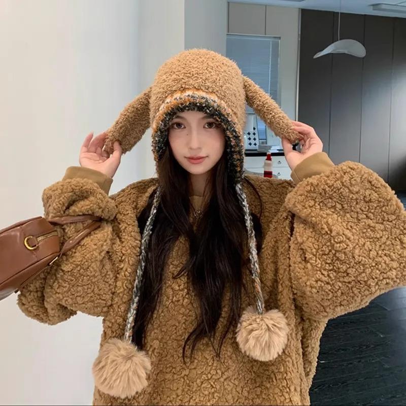 New Cute Rabbit Ear Hat for Women In Autumn and Winter Thickened Bicycle Hat Bag Integrated Knit Plush Hat