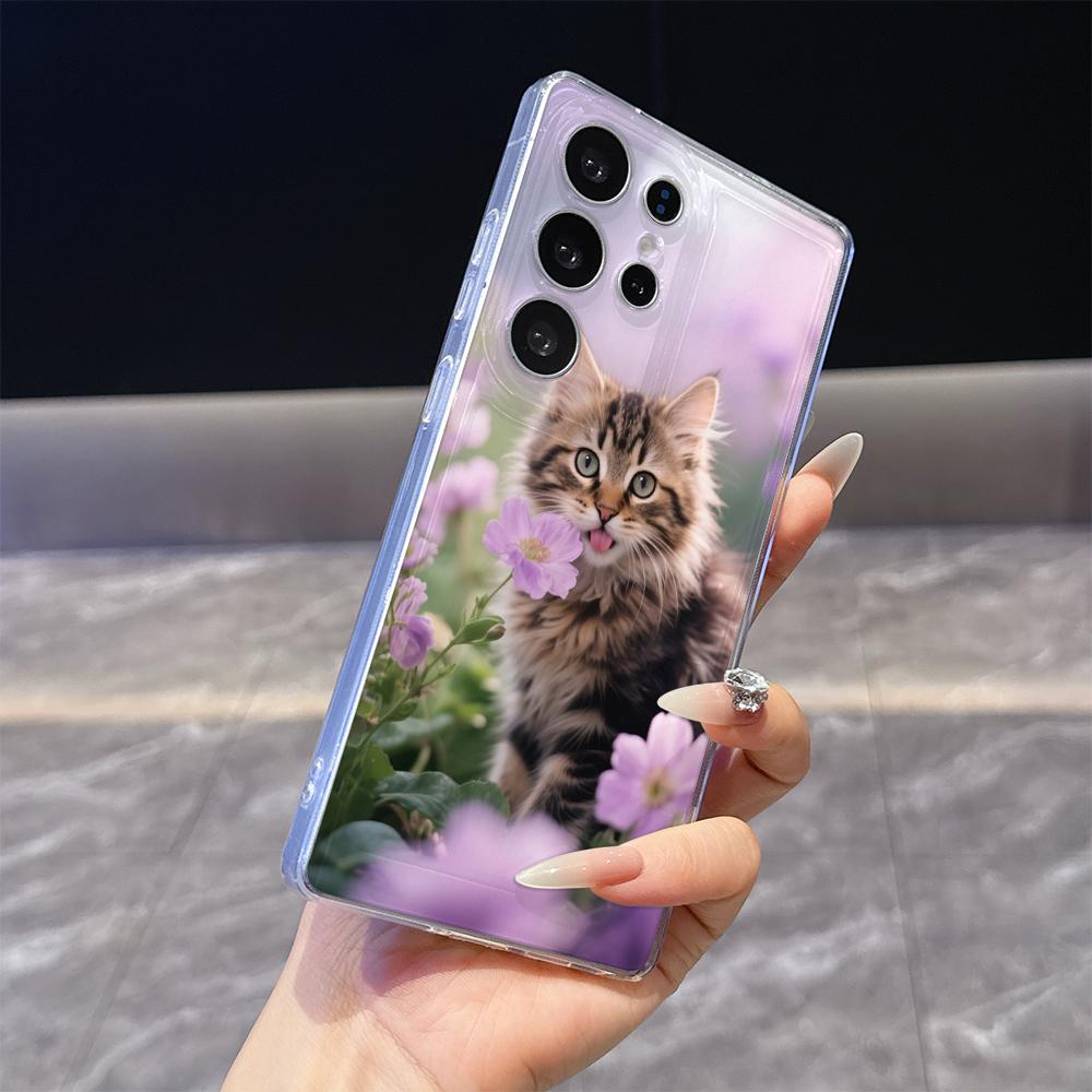 Tabby Kitten with Purple Flower Phone Case for Samsung Galaxy S26 S25 S24 S23 S22 S21 S20 FE Plus Lucency TPU Protection Cover
