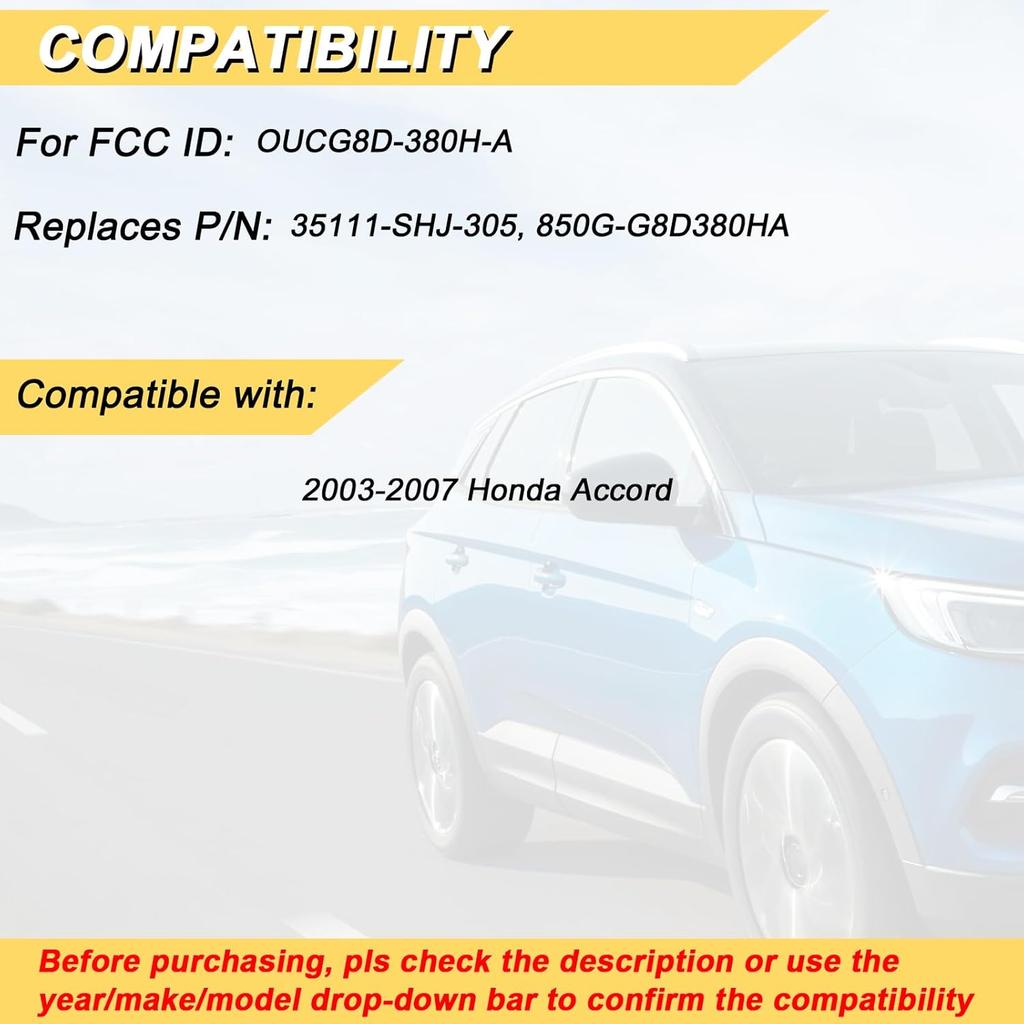 Key Fob Replacement for 2003-2007 Honda Accord Car Keyless Entry Remote Control,OUCG8D-380H-A 35111-SHJ-305,4 Buttons, 2Pcs