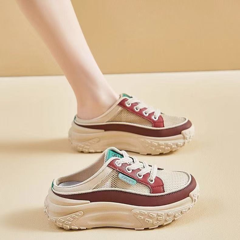 2025 summer half-drag little white shoes new Korean version ins female students height-increasing breathable board shoes casual platform slippers