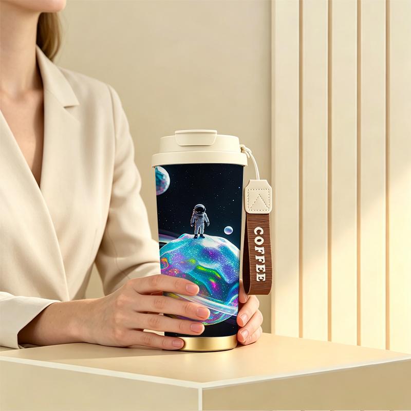 Coffee Mug 532ml Astronaut Space Motif Stainless Steel Coffee Thermos Leakproof Flip Car Cup Outdoor Travel Thermos Strap Coffee Cup Coffee Mug 532ml