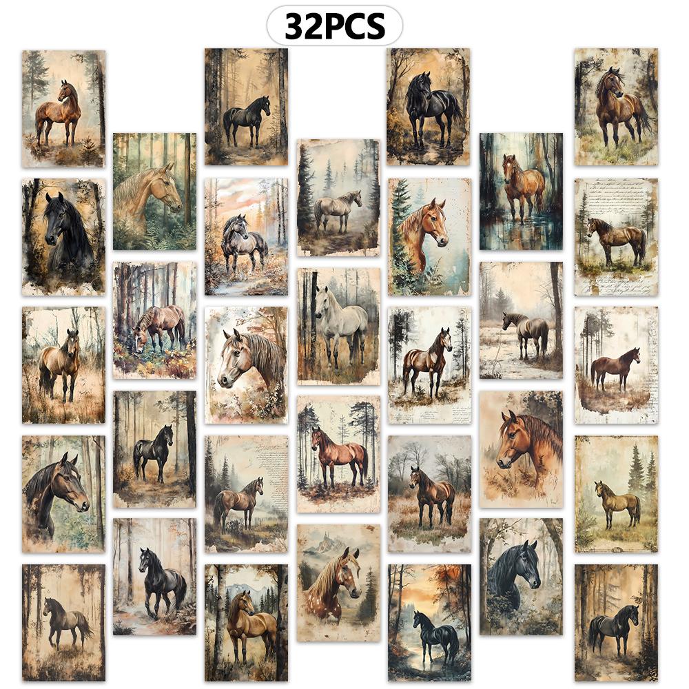 

32pcs, vintage forest horse postcard, room decoration sticker, handbook material, souvenir, collectible and mailable