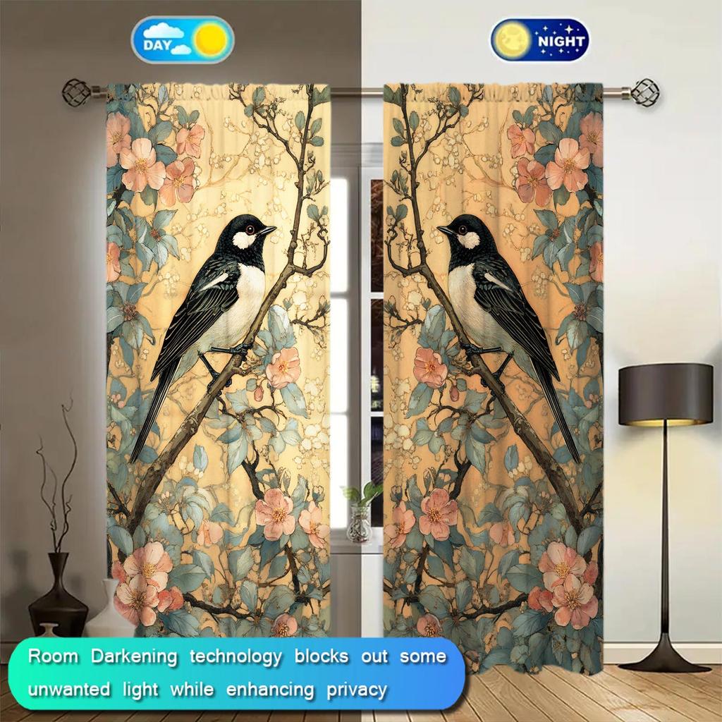 2 Pieces of Retro Flower and Bird Painting Curtains Suitable for Family and Friends   Sunshade and Privacy Protection Curtains
