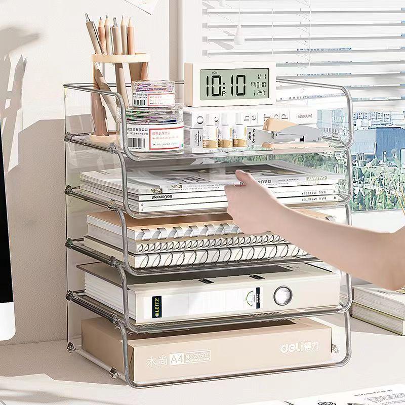 Simple Large Capacity Desktop File Tray Transparent Stackable Paper Holder Shelf A4 Document Paper Organizer Home Office