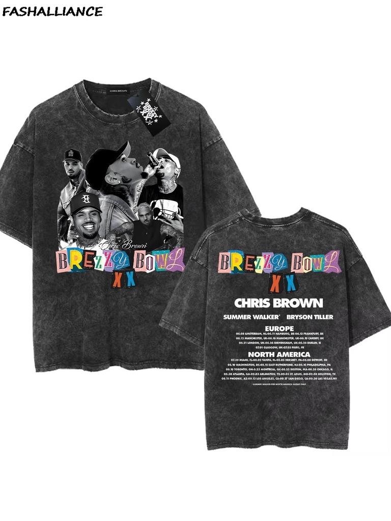 Chris Brown Tag Tshirt Breezy Bowl XX Tour Oversized T shirt Washed Vintage Cotton Hiphop Streetwear CB