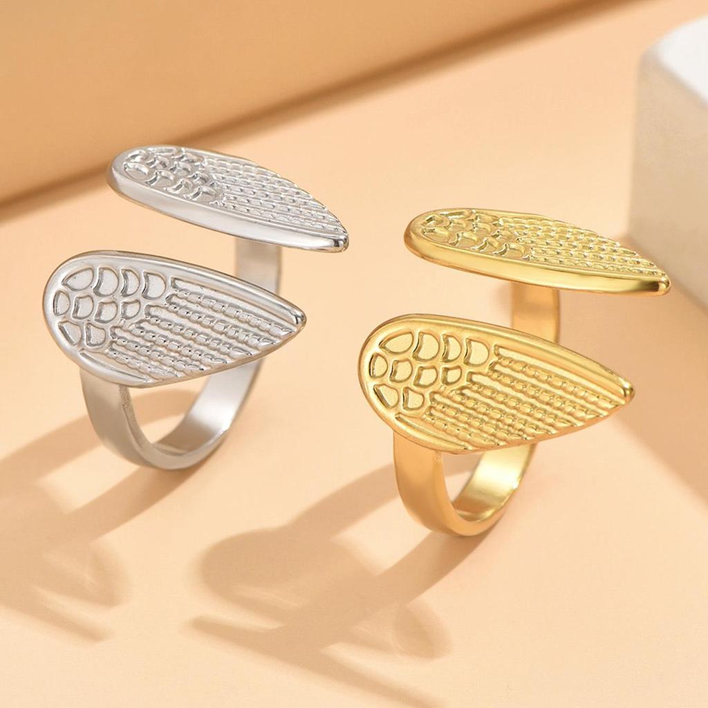 Cross-Border Fashion Angel Wings Stainless Steel Feather Ring - Elegant, Symmetrical, and Adjustable Versatile Jewelry