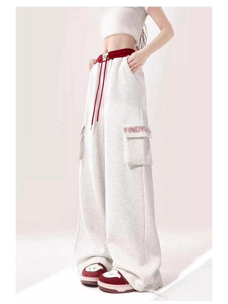 Women's Wide-Leg Cargo Jazz Sweatpants with Pockets - White & Gray, Autumn 2025