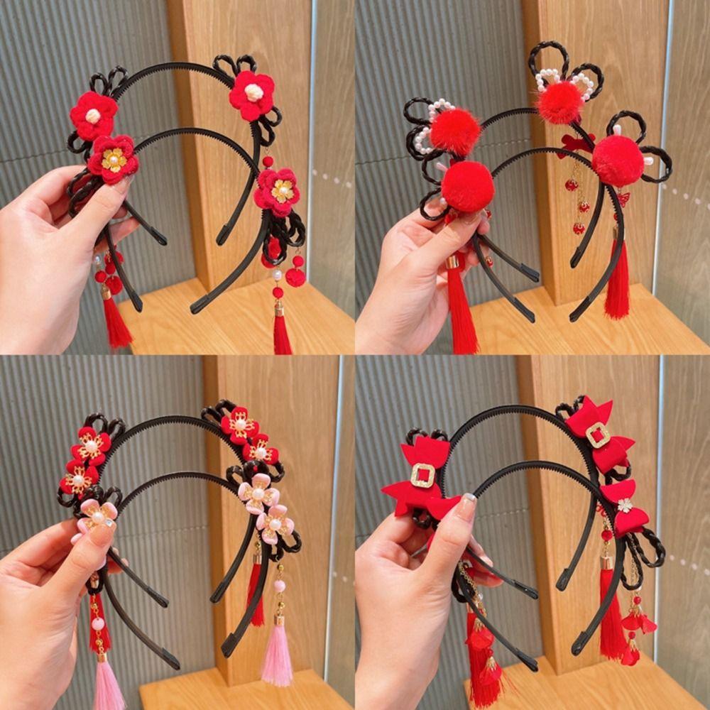 Braid Hair Chinese New Year Headwear Tassel Red Bow Hairband Cute Children Wig Headband  Girls