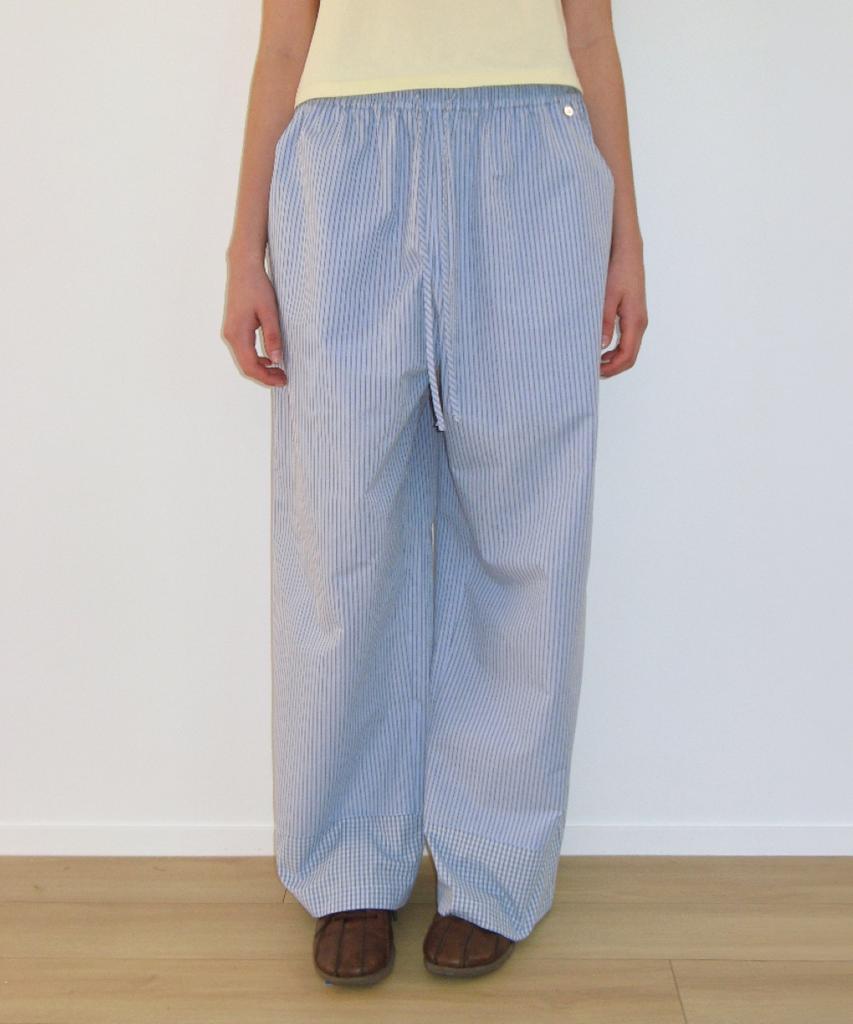 RONRON Stripe Check Panel Comfort Pants Soft Blue